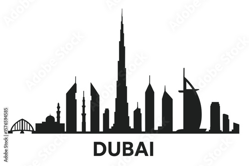 Dubai city silhouette. Famous skyline of United Arab Emirates. UAE cityscape landmark. Architecture vector illustration. Middle East travel and tourism destination concept art.