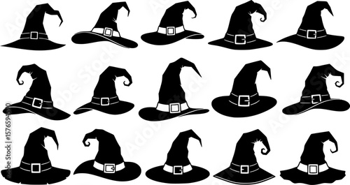 vector set of Illustration of different witch hats isolated on white
