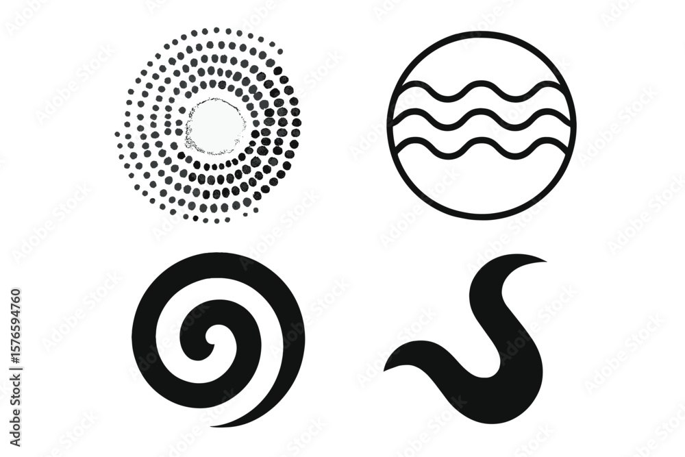 Abstract Halftone Dotted Spiral, Wavy Lines in Circle, Modern Swirl and S-Shape Symbol, Minimal Black and White Geometric Vector Design Elements Abstract Halftone Dotted Spiral, Wavy Lines in Circle, Modern Swirl and S-Shape Symbol, Minimal Black and White Geometric Vector Design Elements