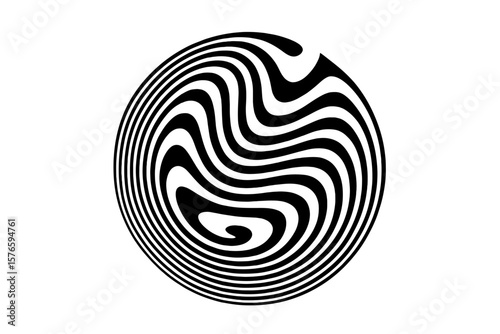 Abstract Optical Illusion Circle. Black and White Wavy Lines. Modern Spiral Halftone Pattern. Distorted Circular Frame. Psychedelic Geometric Shape. Op Art Design Element. Vector Illustration