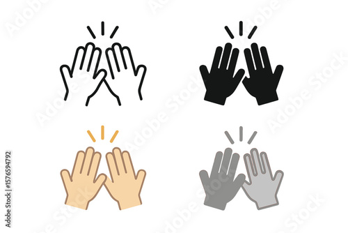 High five hands icon set, multiple styles, outline, solid, flat, monochrome, celebration gesture, teamwork, success, vector illustration, transparent background