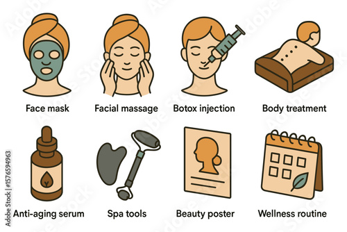 Skincare and beauty treatments set in minimalist style