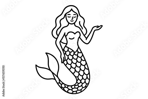 Elegant Mermaid Outline Vector, Long Hair, Waving Hand, Scales Pattern, Underwater Fantasy Character, Black and White Line Art, Coloring Book, Transparent Background, Clipart Illustration