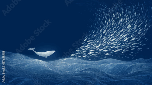 Abstract Whale and Fish Swarm in Deep Blue Ocean Vector Illustration with Clean Copy Space for Design Use