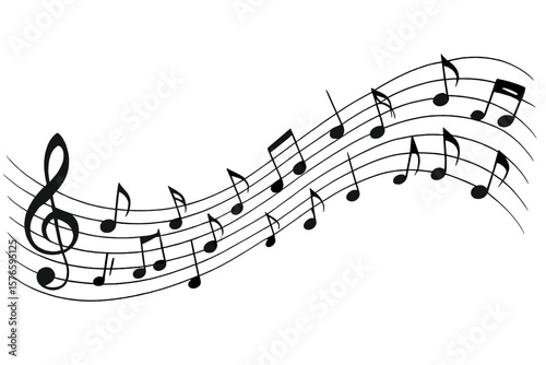 Flowing Music Notes Wave, Abstract Musical Staff, Melody Line, Treble Clef, Black Symbols, Isolated on White, Creative Sound Concept, Music Background, Vector Illustration