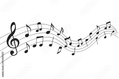 Flowing Music Notes Wave, Abstract Staff Lines, Treble Clef, Group Musical Notes, Melody Rhythm, Isolated Vector, Transparent Background, Stock Illustration, Music Concept Art