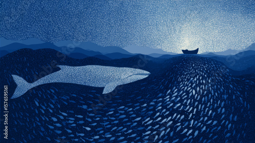 Abstract Whale and Fish Swarm in Deep Blue Ocean Vector Illustration with Clean Copy Space for Design Use