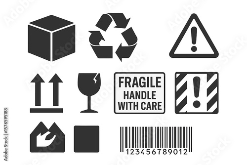 Packaging Symbols Set for Cardboard Box, Recycle, Caution, Fragile, Logistics, Shipping, Delivery, Barcode, Handle With Care, Warning Signs, Cargo Icons