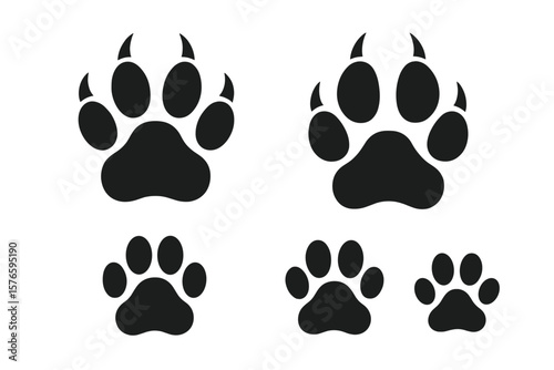 Lion, Tiger, Panther Paw Print Icon Set with Claws, Animal Track Silhouette, Dog Cat Paw Print Shape, Wildlife Footprint Vector Illustration, Transparent PNG