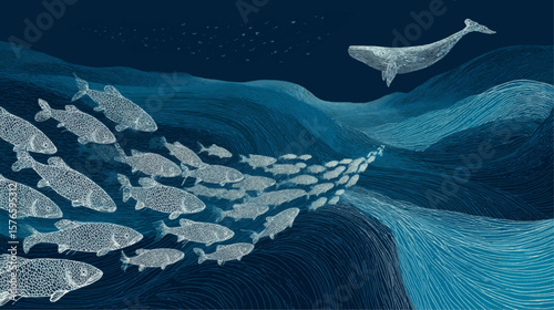 Abstract Whale and Fish Swarm in Deep Blue Ocean Vector Illustration with Clean Copy Space for Design Use