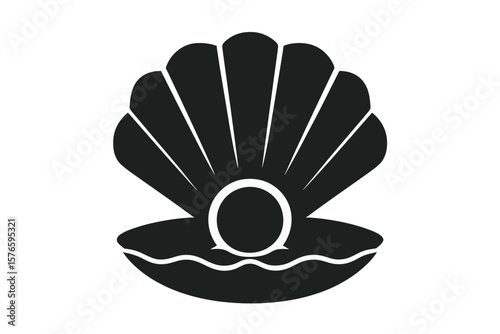 Seashell Silhouette with Pearl Inside, Open Scallop Shell Icon, Marine Sea Animal Vector, Black and White Minimalist Ocean Symbol, Isolated Clipart Illustration