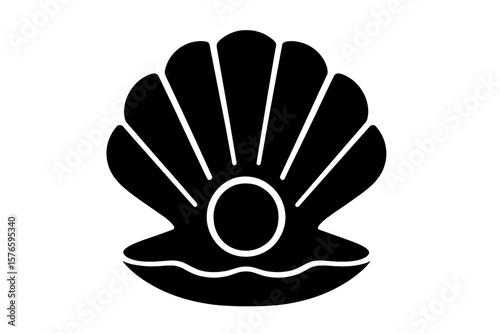 Scallop Shell with Pearl Icon Silhouette. Seashell Vector Illustration. Black Sea Animal Symbol. Ocean Marine Life Clipart. Minimalist Shellfish Design for Logo, Decor, Nautical Themes
