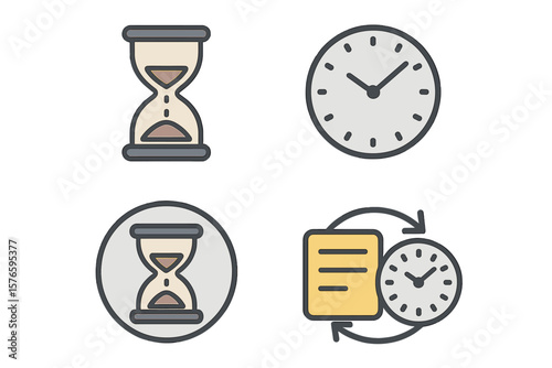 Time Management Icons Set: Hourglass, Sandglass Timer, Analog Clock, Task Schedule, Flat Vector Illustration, Transparent Background, Productivity Concept