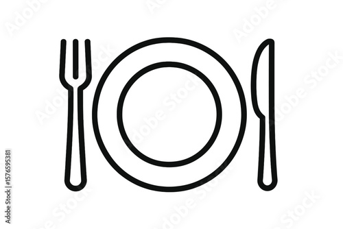 Minimalist Plate, Fork, and Knife Line Icon. Table Setting Symbol. Restaurant, Dining, Cutlery, Meal Concept. Simple Outline Vector Illustration for Menu, Food Service, Kitchen, Catering, Hospitality