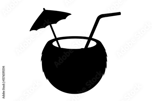 Coconut Drink Silhouette with Straw and Umbrella, Tropical Summer Cocktail, Beach Vacation Beverage, Exotic Refreshment, Black Vector Isolated Illustration