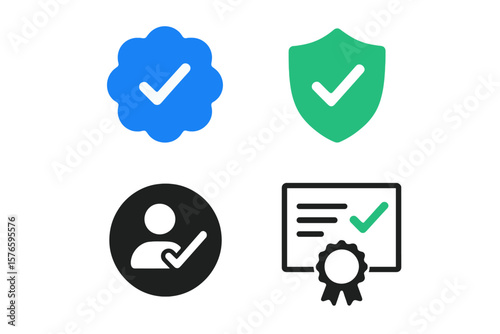 Verified Badge Icon Set. Check Mark Symbols for Account Verification, Security, Certificate Approval. Blue, Green, Black Tick Icons. Guarantee, Quality, Person, Shield, Award Concepts
