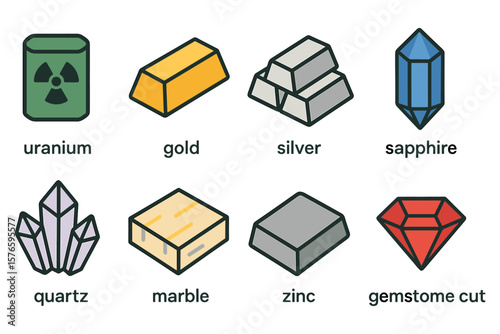 Colorful mineral icons featuring uranium, gold, silver, sapphire, quartz, marble, zinc, and gemstone cut
