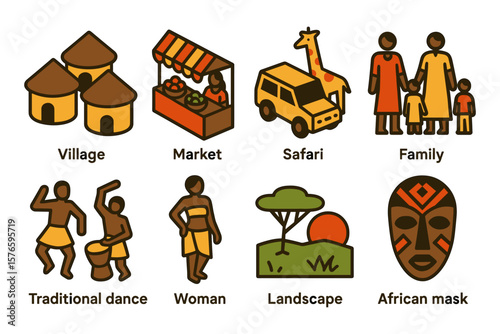 Traditional african culture icons featuring village, market, and safari elements in flat design