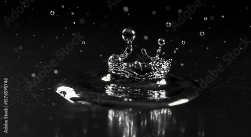 A close-up shot of a water splash against a black backdrop, showcasing dynamic droplets in mid-motion with dramatic lighting emphasizing details.