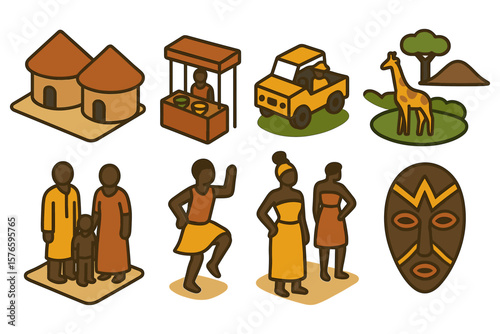 Traditional african culture icons featuring people, nature, and community elements in isometric design
