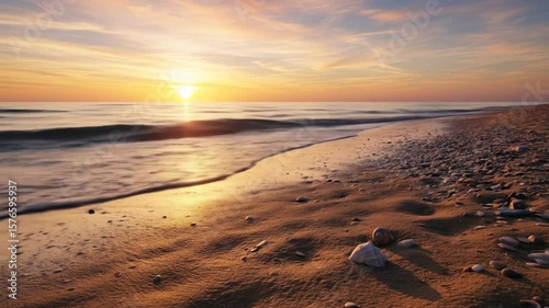 Serene Sunset Seascape with Shells on Sandy Beach
