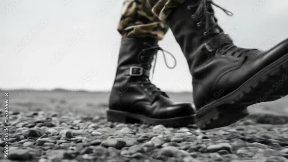 Close-up extremo , calzadas con flamantes botas militares de combate de cuero negro