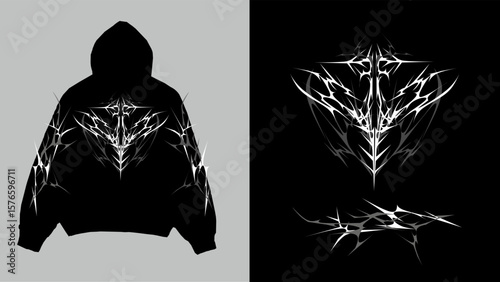 Neo tribal hoodie design, with sharp, symmetrical shapes black and white. Concept for tshirt print, sticker, poster, and streetwear apparel