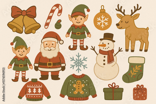 Cozy and Festive Hand-Drawn Christmas Elements Vector Set Bells, Candy Cane, Elves, Ornaments, Reindeer and More
