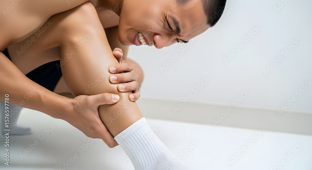 Obraz premium Man experiencing intense lower leg pain, clutching his calf in distress.