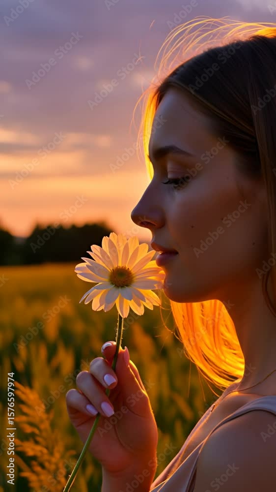 A young woman gently holds a delicate flower