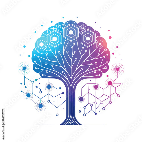Digital Tree of Innovation: A vibrant illustration depicting the evolution of technology, where a stylized tree's crown blooms with intricate networks. The roots ground a symbol of growth.