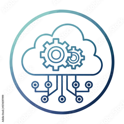 Digital cloud technology: An emblem showcasing an intricate depiction of cloud computing, gears, and circuit, symbolizing the interconnectedness and precision of digital infrastructure