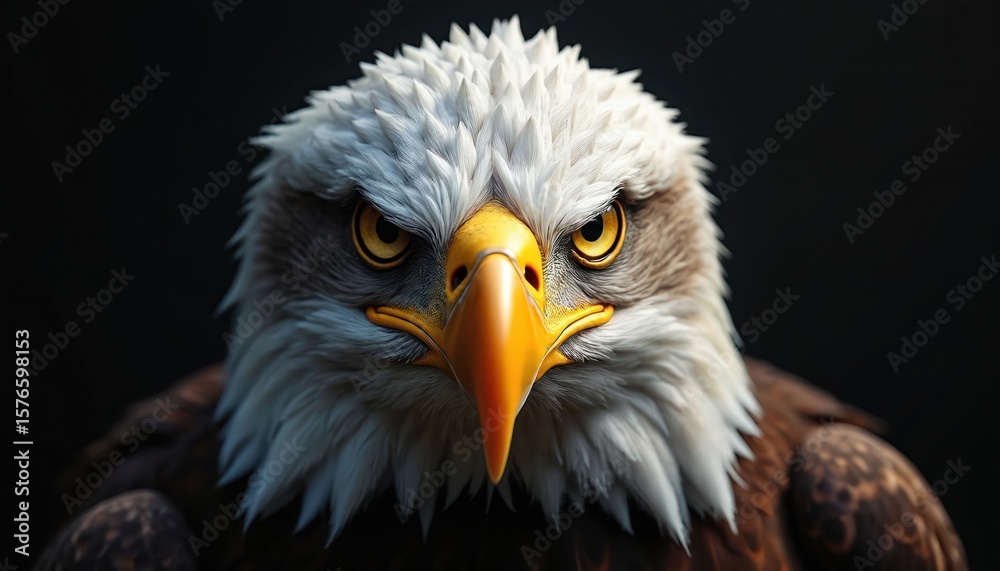 Fototapeta premium Realistic portrait illustration of majestic bald eagle against stark black background. Powerful bird of prey sharp yellow eyes, formidable beak, detailed white, brown feathers. Image captures wild,