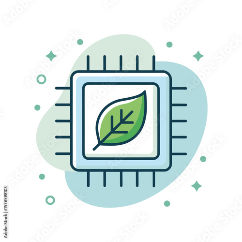 Eco-Friendly Tech Innovation: A stylized illustration depicts a central processing unit (CPU) adorned with a vibrant leaf.