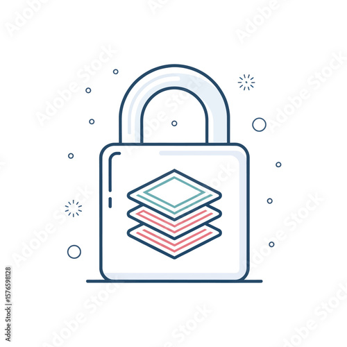 Secure Data Layers: A modern graphic illustrates data security with a layered design, showcasing a protective padlock. Representing safety, privacy, and encryption in a digital world.
