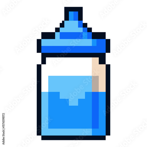 Pixel Art Baby Milk Bottle Icon with Blue Cap and Liquid