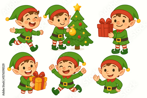 Collection of Cartoon Christmas Elves Santa’s Little Helpers Decorating, Jumping, Running, and Smiling