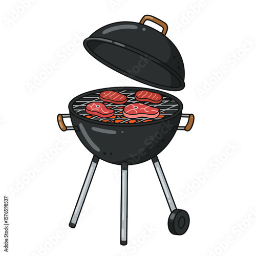 Barbecue grill with steaks cooking on charcoal in outdoor setting  
