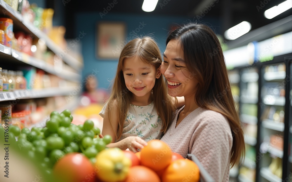 Mother and daughter shopping for groceries in supermarket. High quality Mother and daughter shopping for groceries in supermarket. High quality
