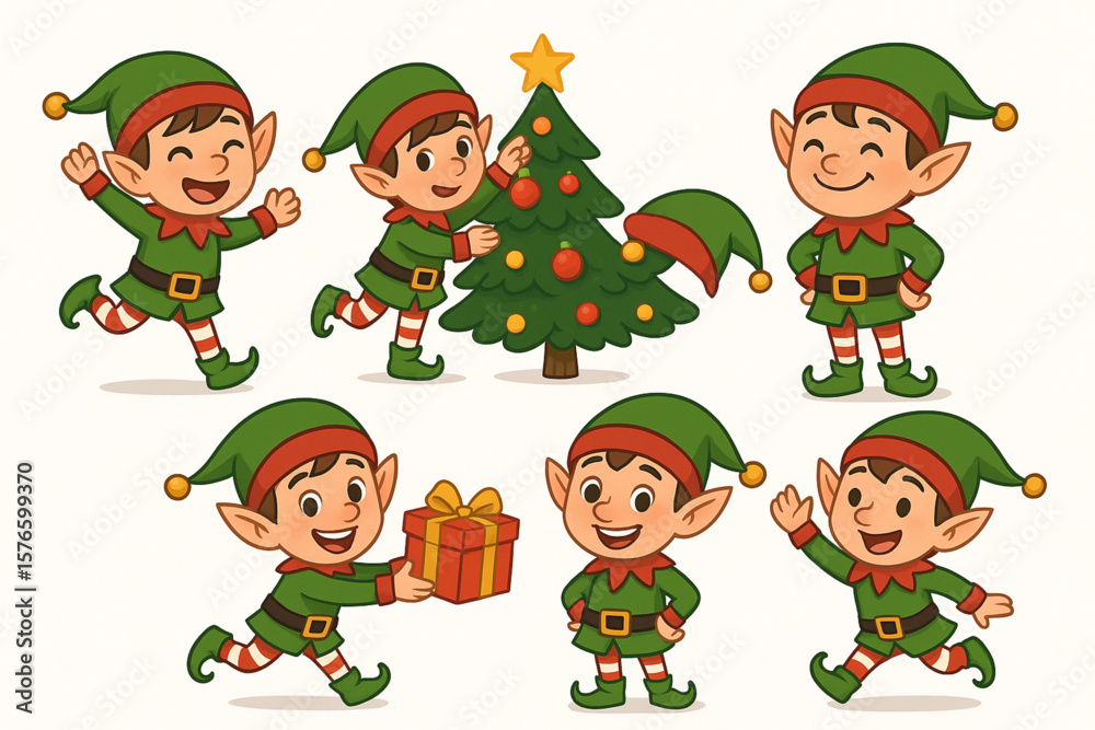 Collection of Cartoon Christmas Elves Santa’s Little Helpers Decorating, Jumping, Running, and Smiling Collection of Cartoon Christmas Elves Santa’s Little Helpers Decorating, Jumping, Running, and Smiling