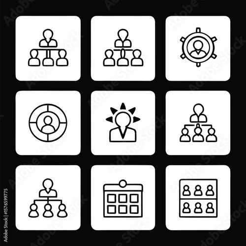 Organizational chart people icons calendar gear and target symbols team structure hierarchy