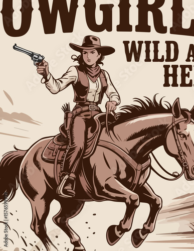Vintage Cowgirl on Bucking Horse – Wild Western Poster Style Illustration


