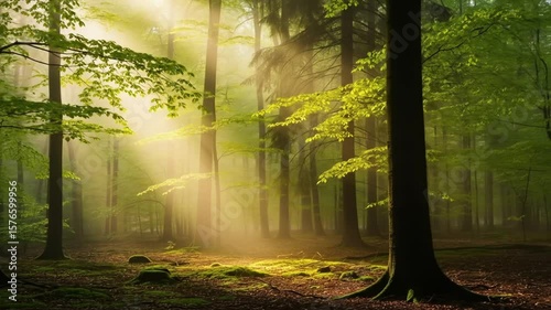 Sunbeams Illuminate Misty Forest Floor