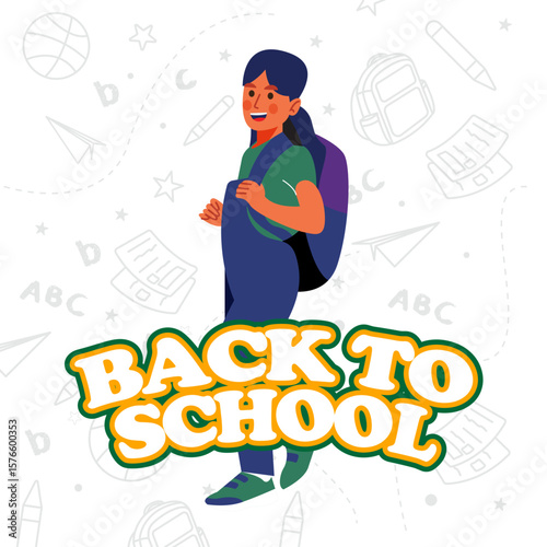 Vector Illustration Happy Girl with Backpack Ready for School
