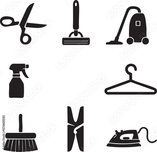 Household Cleaning and Laundry Icons Scissors, Vacuum, Iron, Spray Bottle, and More