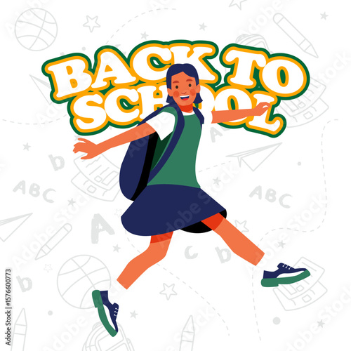 Flat Design Vector Schoolgirl Jumping with Joy on First Day