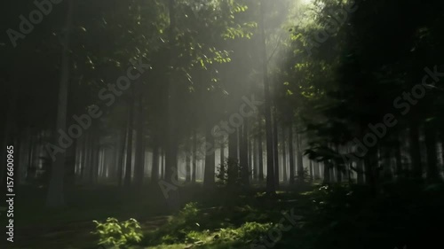 Sunbeams Through Misty Forest Canopy
