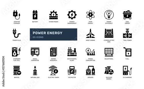 Glyph icon set of power energy generation and fuel sources