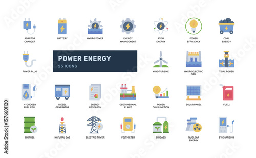 Flat style power energy icon pack for fuel and electricity