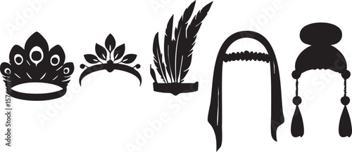 Collection of Elegant Headwear Silhouettes Crowns, Tiaras, and Hats
